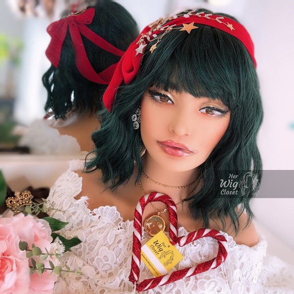 Her Wig Closet Accessories - 12" Pastel Dark Green Wavy Wig with Bangs |Polaris